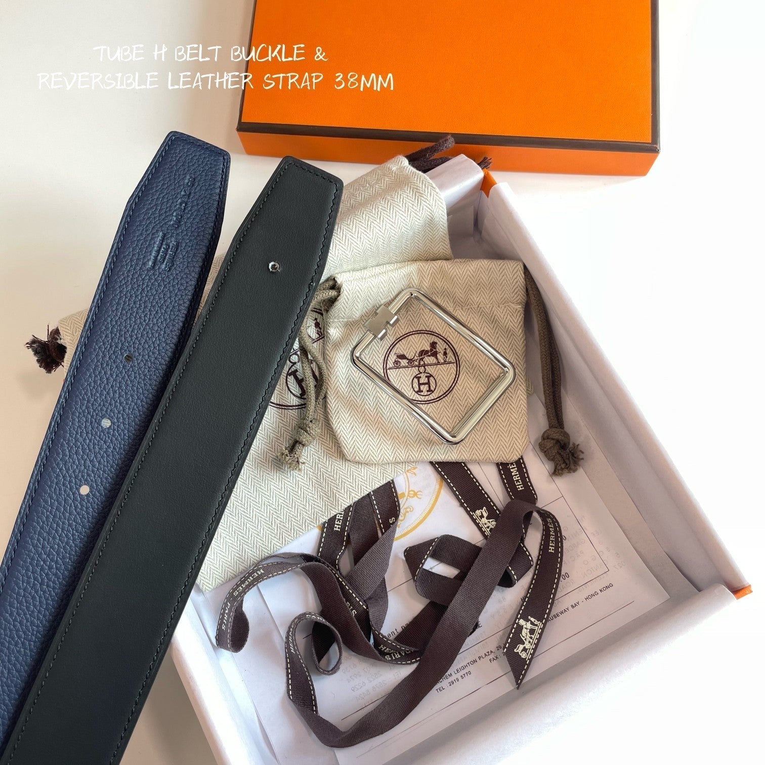 HERMES TUBE H BELT SILVER BUCKLE & REVERSIBLE NAVY BLUE LEATHER STRAP 38MM