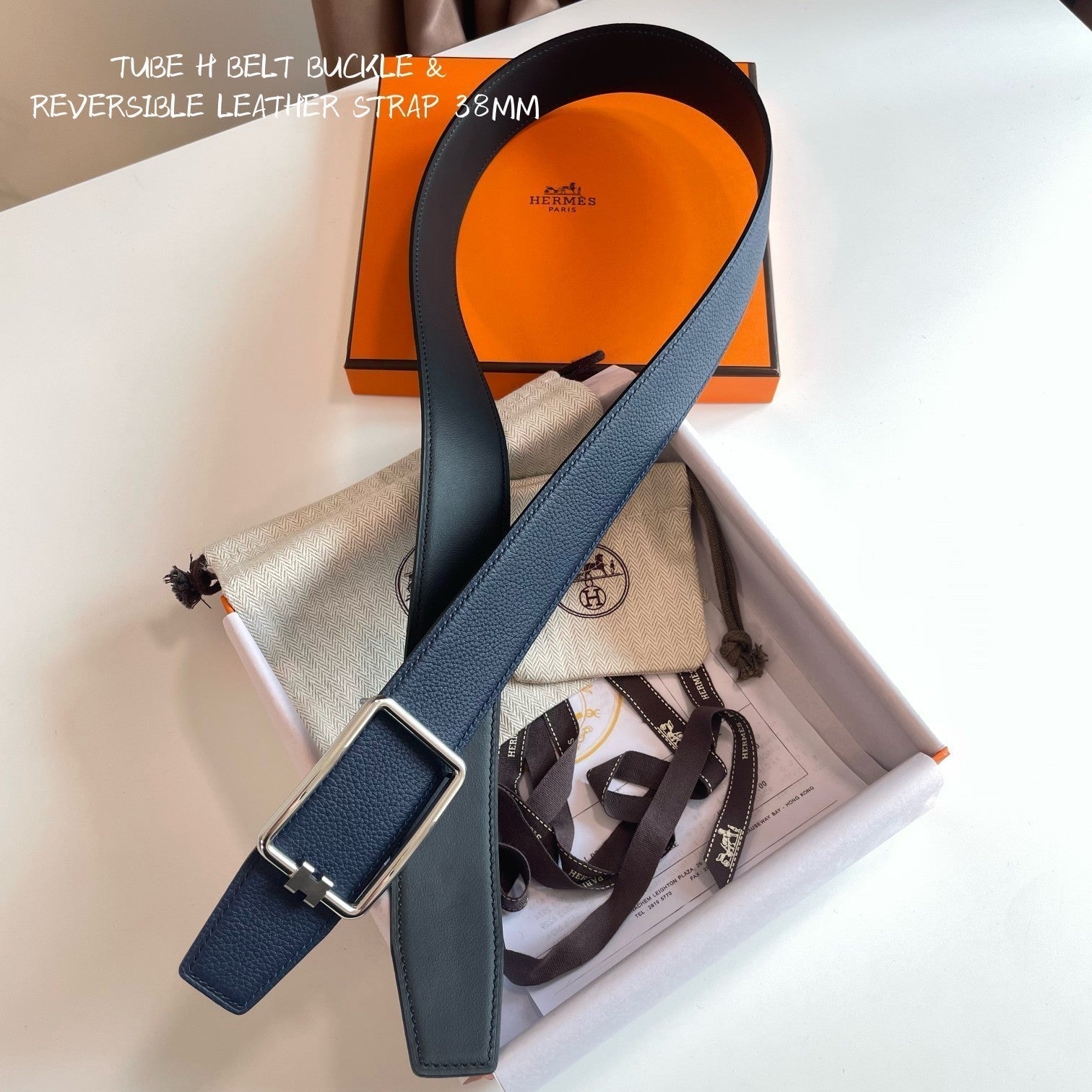 HERMES TUBE H BELT SILVER BUCKLE & REVERSIBLE NAVY BLUE LEATHER STRAP 38MM