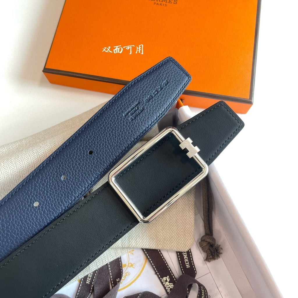 HERMES TUBE H BELT SILVER BUCKLE & REVERSIBLE NAVY BLUE LEATHER STRAP 38MM