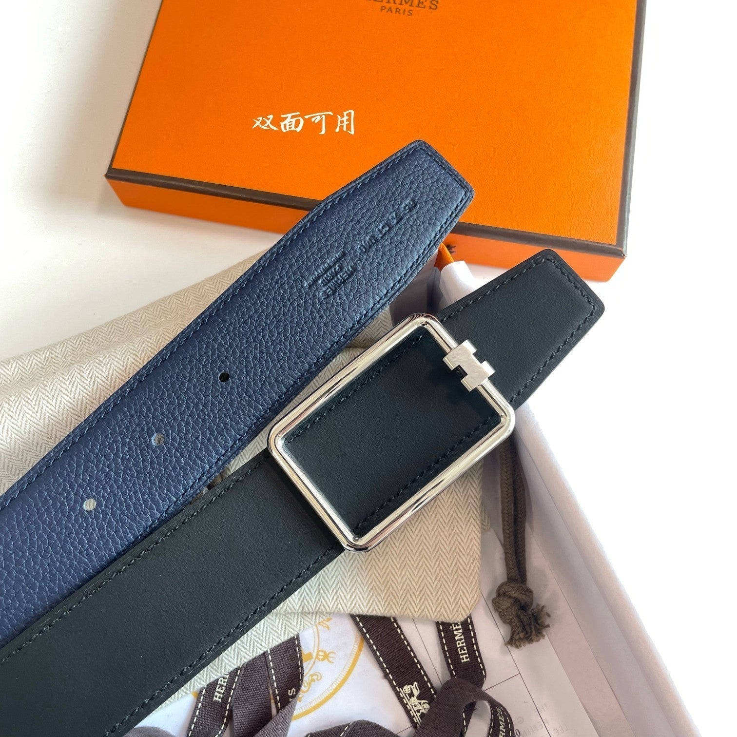 HERMES TUBE H BELT SILVER BUCKLE & REVERSIBLE NAVY BLUE LEATHER STRAP 38MM