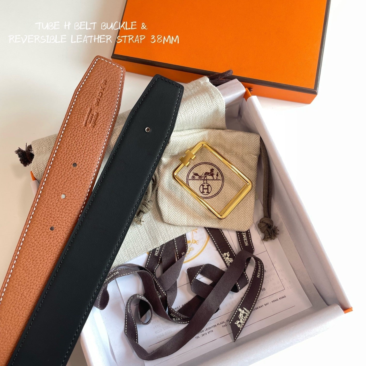 HERMES TUBE H BELT BUCKLE & REVERSIBLE BLACK AND CINNAMON BROWN LEATHER STRAP 38MM GOLD HARDWARE