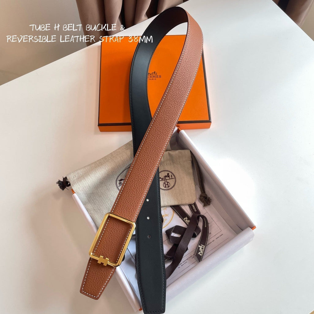 HERMES TUBE H BELT BUCKLE & REVERSIBLE BLACK AND CINNAMON BROWN LEATHER STRAP 38MM GOLD HARDWARE