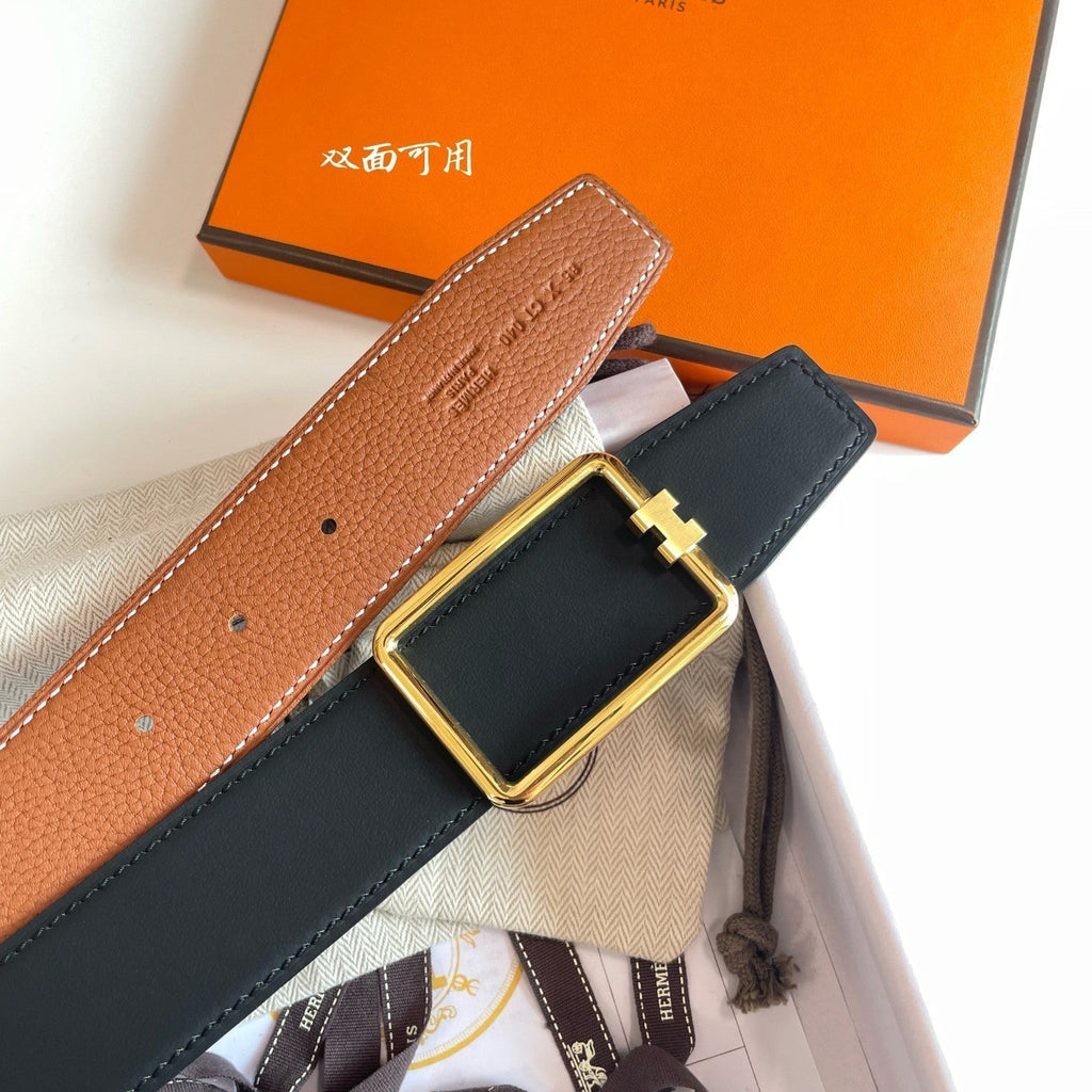 HERMES TUBE H BELT BUCKLE & REVERSIBLE BLACK AND CINNAMON BROWN LEATHER STRAP 38MM GOLD HARDWARE