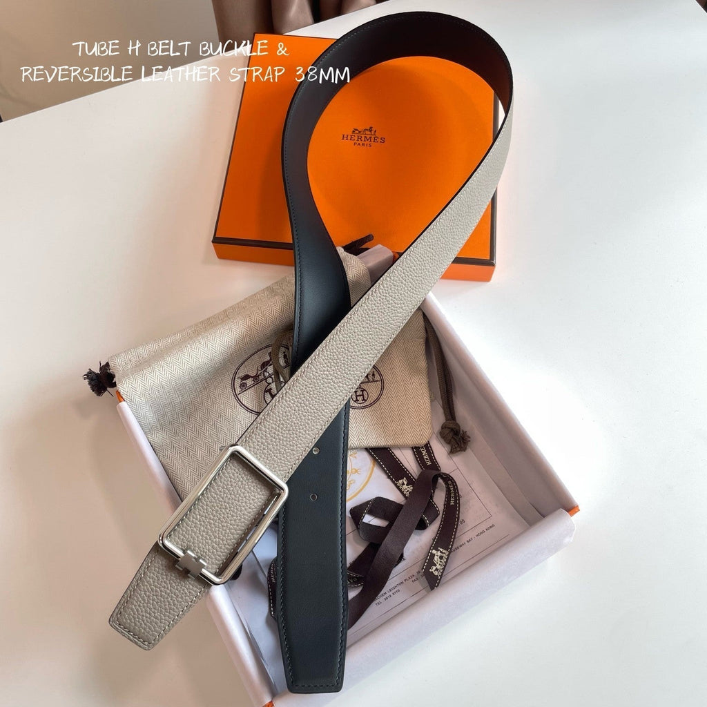HERMES TUBE H BELT BUCKLE & REVERSIBLE KHAKI BROWN AND BLACK LEATHER STRAP 38MM SILVER HARDWARE