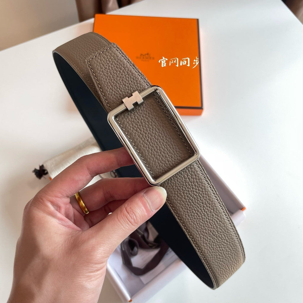 HERMES TUBE H BELT BUCKLE & REVERSIBLE KHAKI BROWN AND BLACK LEATHER STRAP 38MM SILVER HARDWARE
