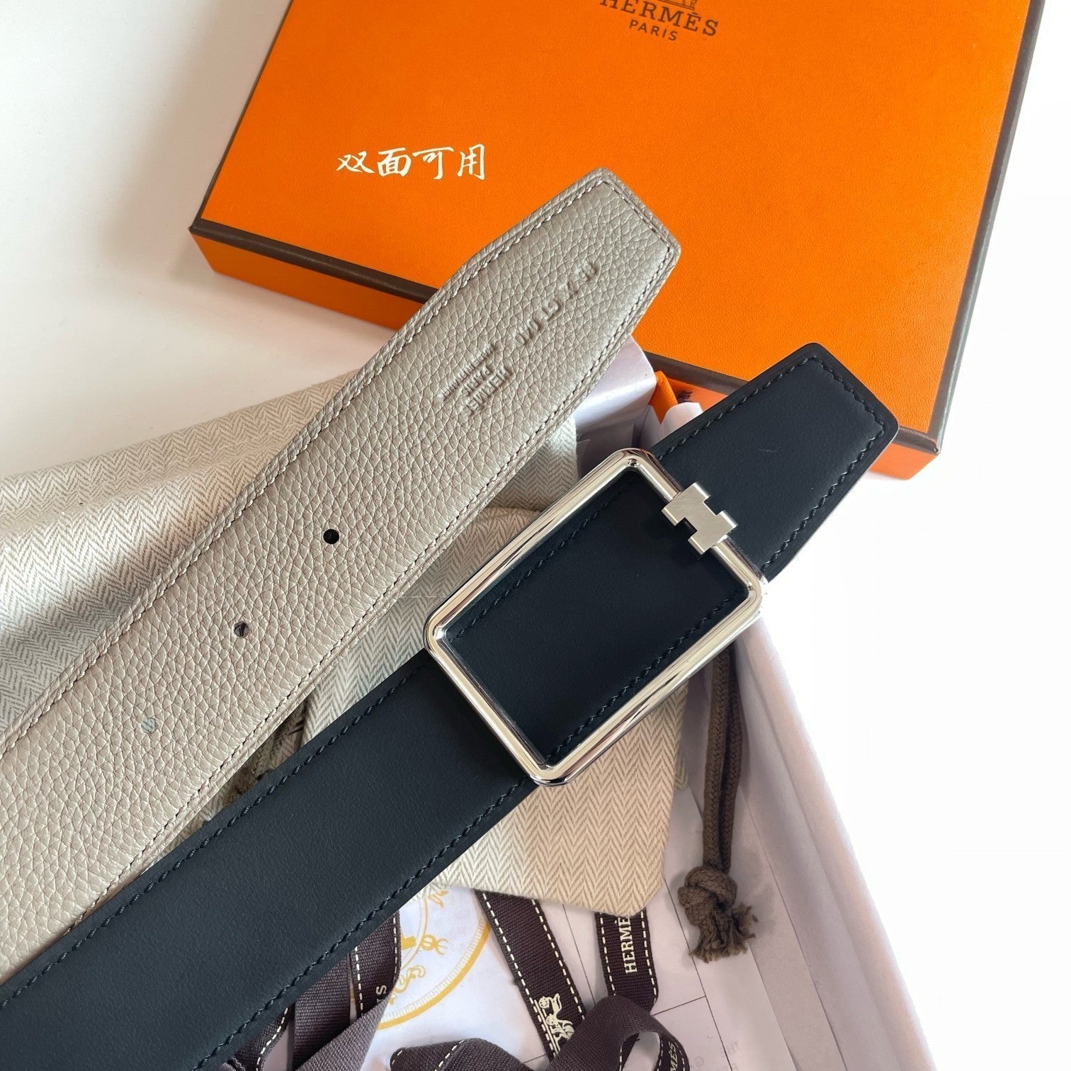 HERMES TUBE H BELT BUCKLE & REVERSIBLE KHAKI BROWN AND BLACK LEATHER STRAP 38MM SILVER HARDWARE