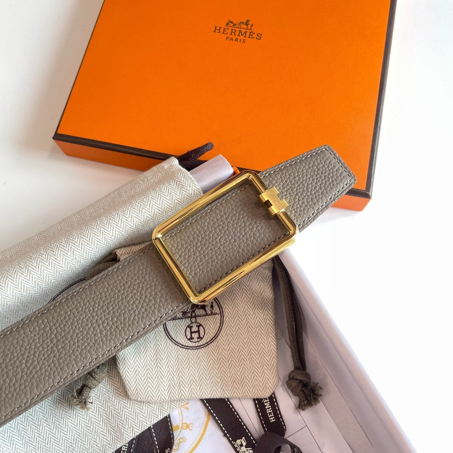 HERMES TUBE H BELT BUCKLE & REVERSIBLE KHAKI BROWN AND BLACK LEATHER STRAP 38MM GOLD HARDWARE
