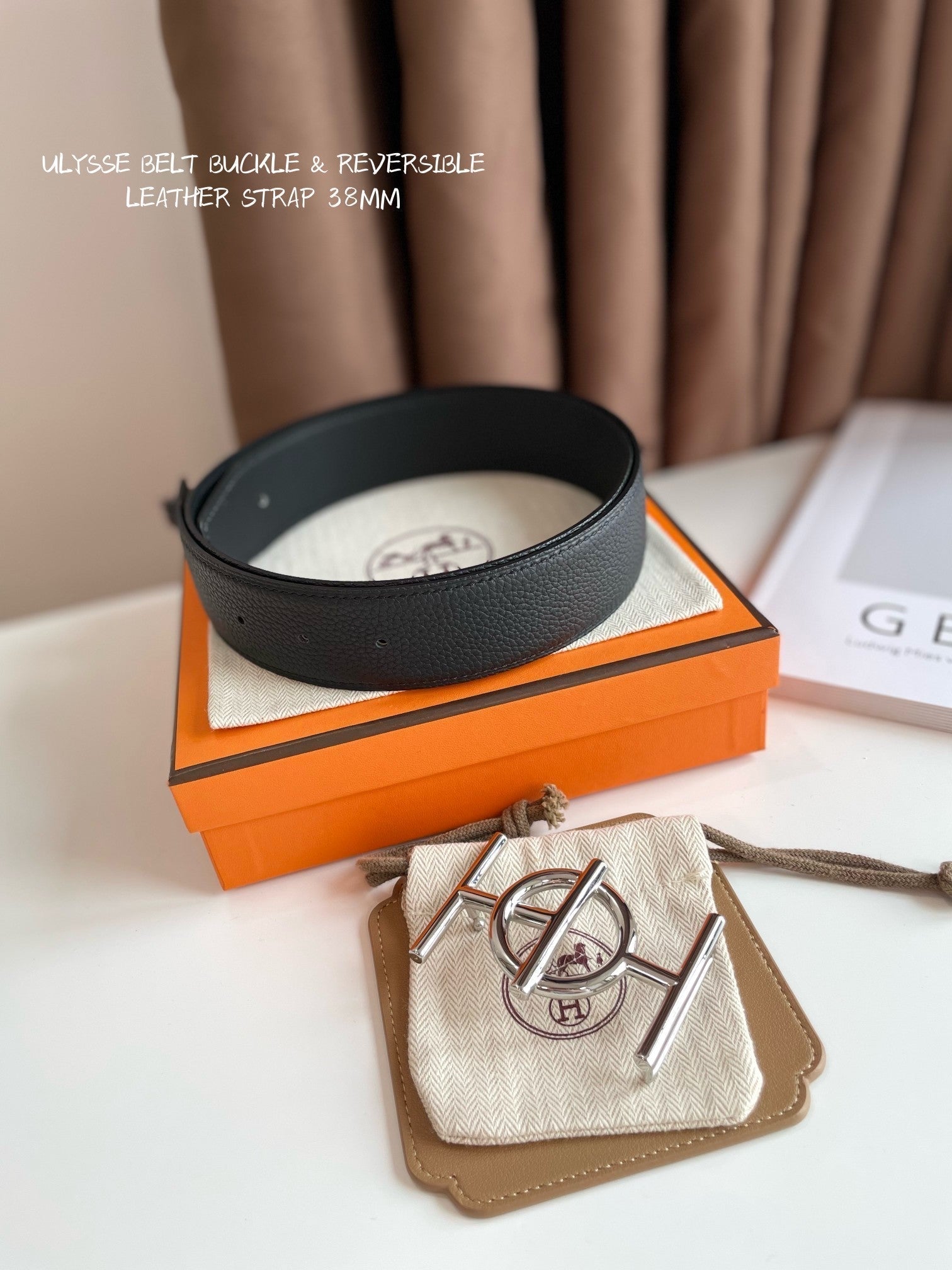 HERMES ULYSSE BELT BUCKLE & REVERSIBLE BLACK LEATHER STRAP 38MM SILVER HARDWARE