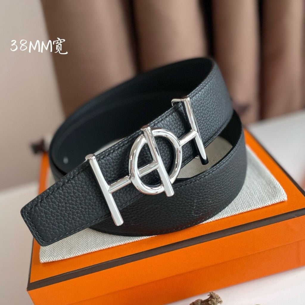 HERMES ULYSSE BELT BUCKLE & REVERSIBLE BLACK LEATHER STRAP 38MM SILVER HARDWARE