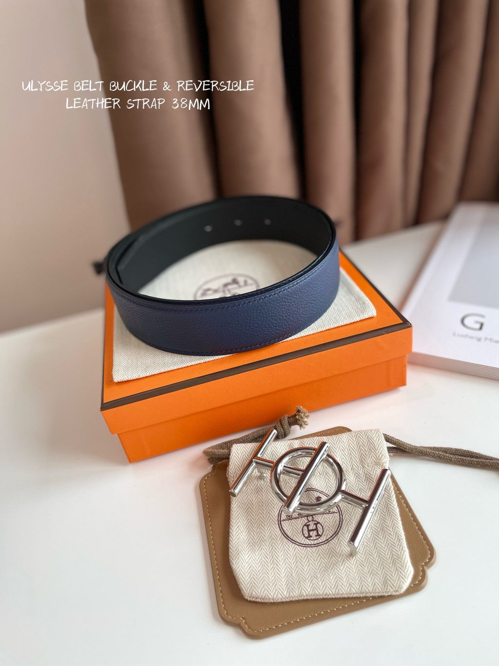 HERMES ULYSSE BELT BUCKLE & REVERSIBLE NAVY BLUE LEATHER STRAP 38MM SILVER HARDWARE