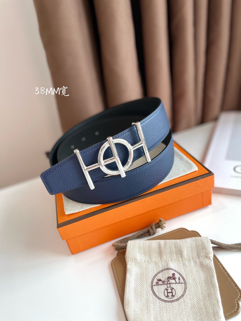 HERMES ULYSSE BELT BUCKLE & REVERSIBLE NAVY BLUE LEATHER STRAP 38MM SILVER HARDWARE