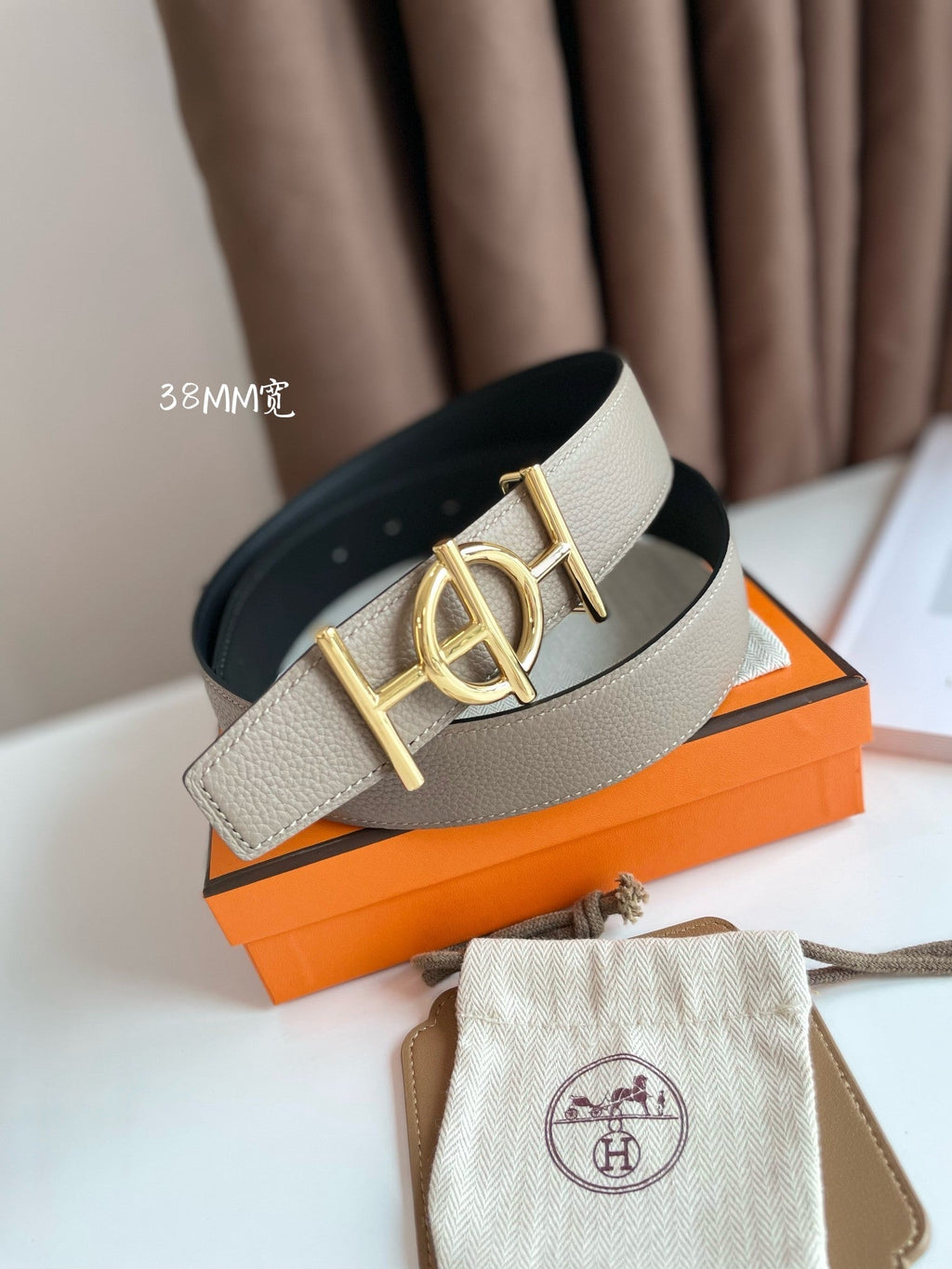 HERMES ULYSSE BELT BUCKLE & REVERSIBLE KHAKI BROWN LEATHER STRAP 38MM GOLD HARDWARE