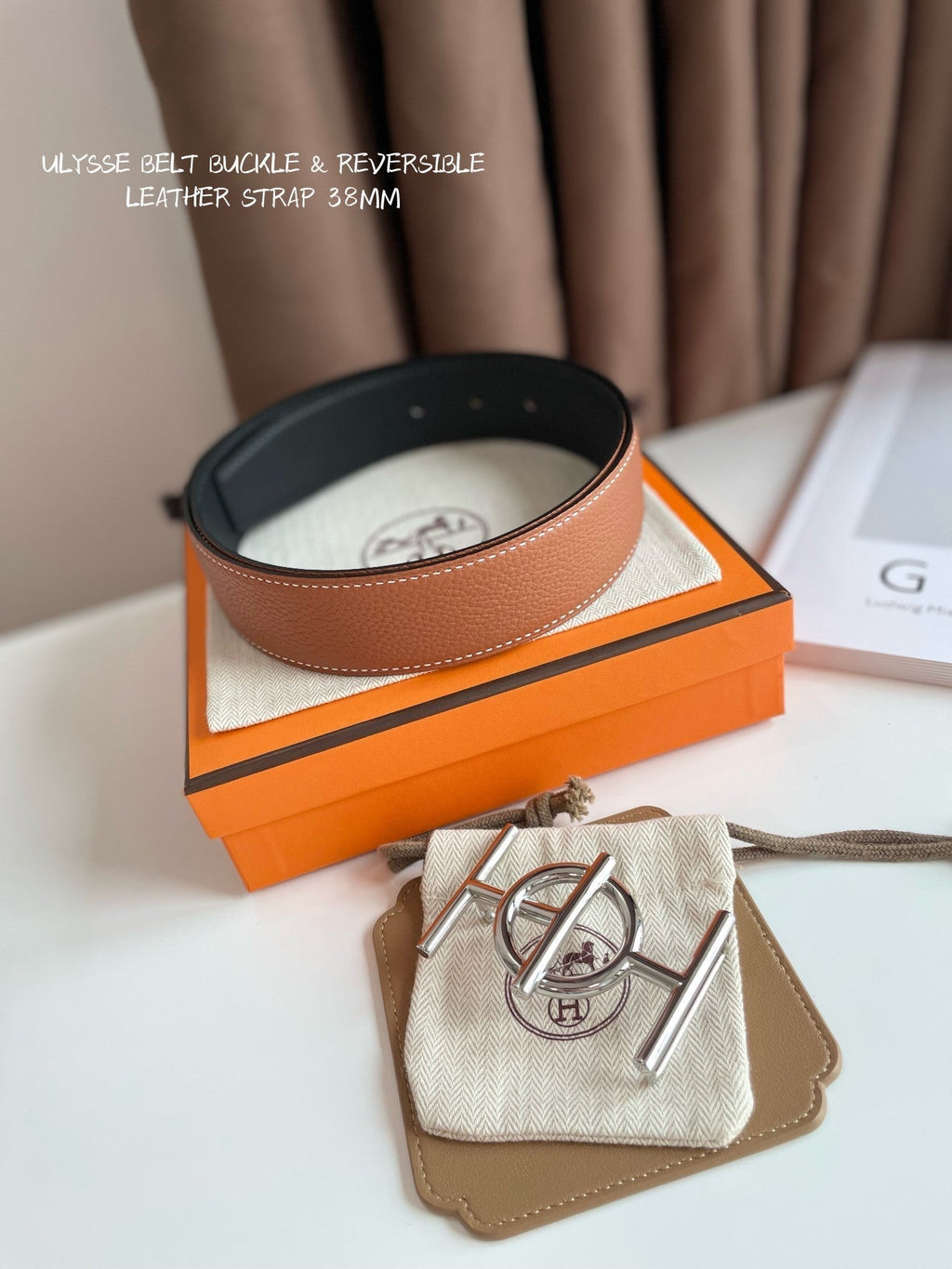 HERMES ULYSSE BELT BUCKLE & REVERSIBLE GINGER ORANGE LEATHER STRAP 38MM SILVER HARDWARE