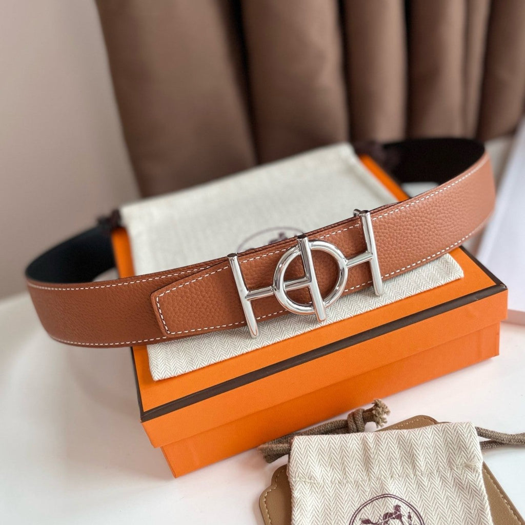 HERMES ULYSSE BELT BUCKLE & REVERSIBLE GINGER ORANGE LEATHER STRAP 38MM SILVER HARDWARE