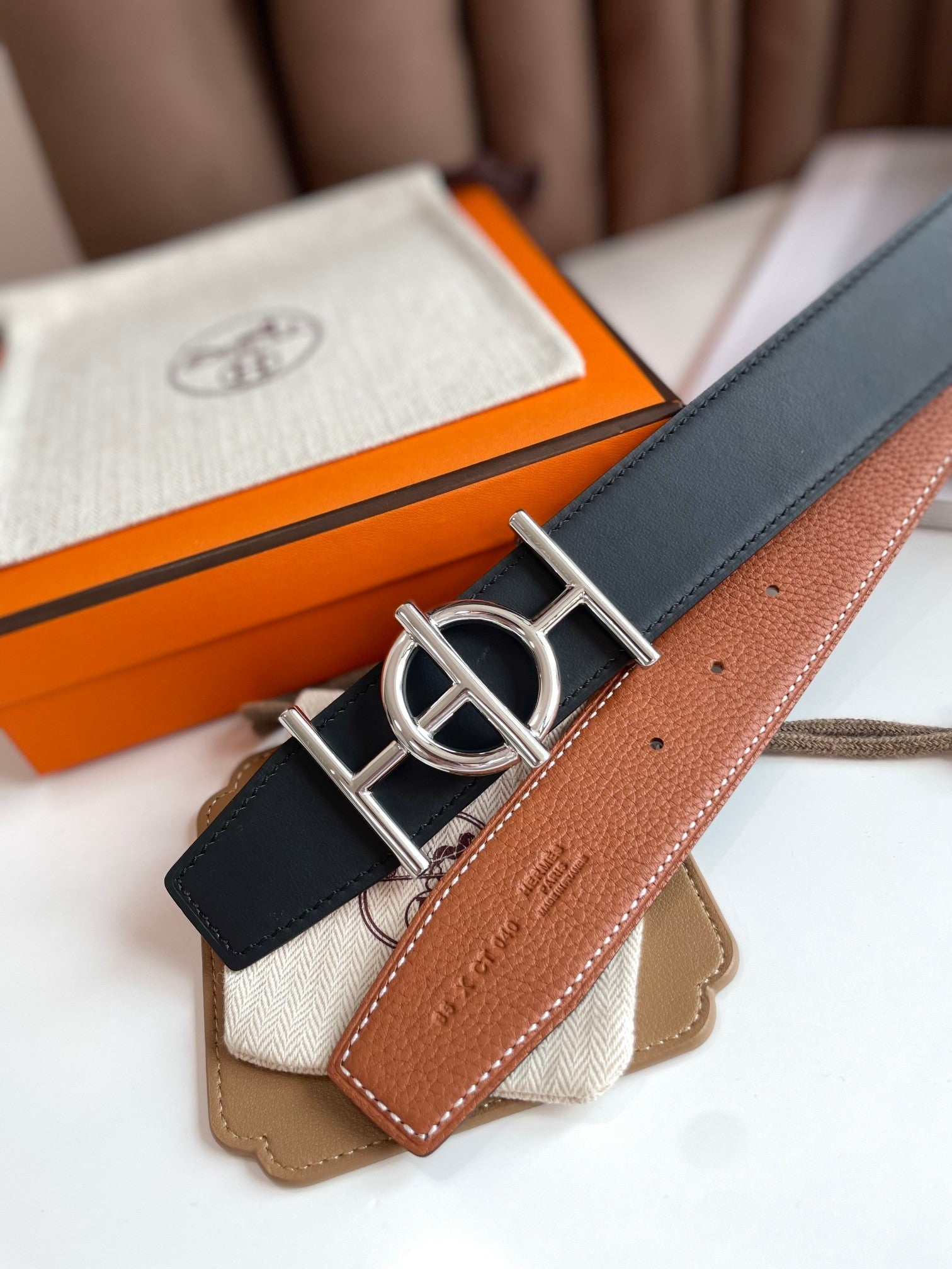 HERMES ULYSSE BELT BUCKLE & REVERSIBLE GINGER ORANGE LEATHER STRAP 38MM SILVER HARDWARE