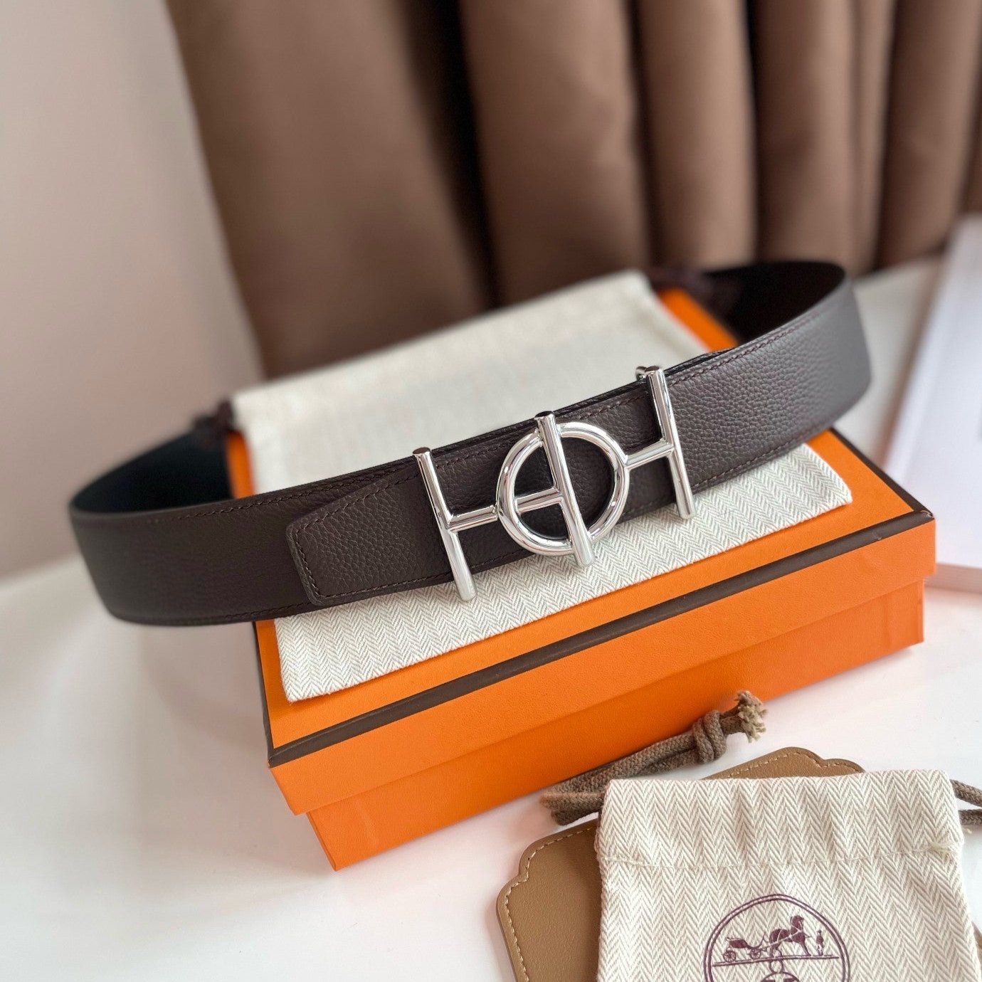 HERMES ULYSSE BELT BUCKLE & REVERSIBLE CHOCOLATE BROWN LEATHER STRAP 38MM SILVER HARDWARE