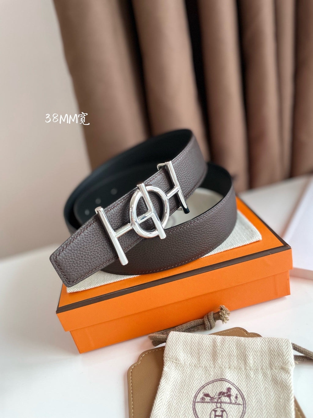 HERMES ULYSSE BELT BUCKLE & REVERSIBLE CHOCOLATE BROWN LEATHER STRAP 38MM SILVER HARDWARE