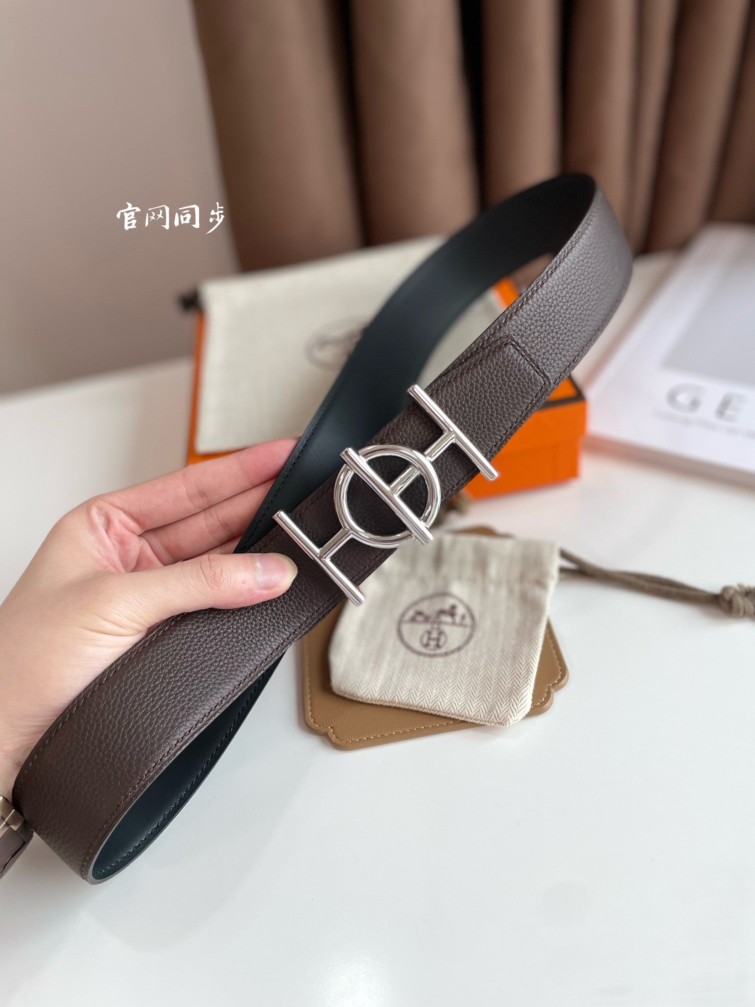 HERMES ULYSSE BELT BUCKLE & REVERSIBLE CHOCOLATE BROWN LEATHER STRAP 38MM SILVER HARDWARE