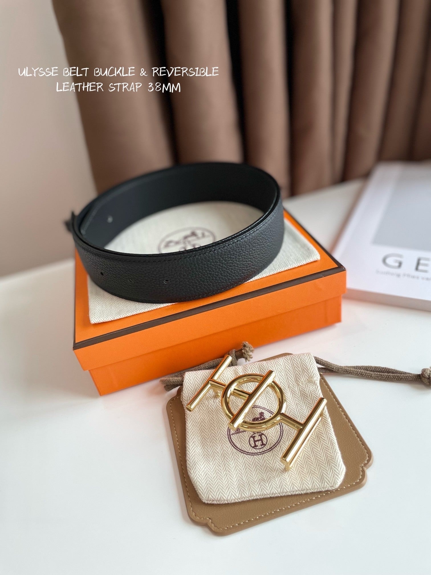 HERMES ULYSSE BELT BUCKLE & REVERSIBLE BLACK LEATHER STRAP 38MM GOLD HARDWARE