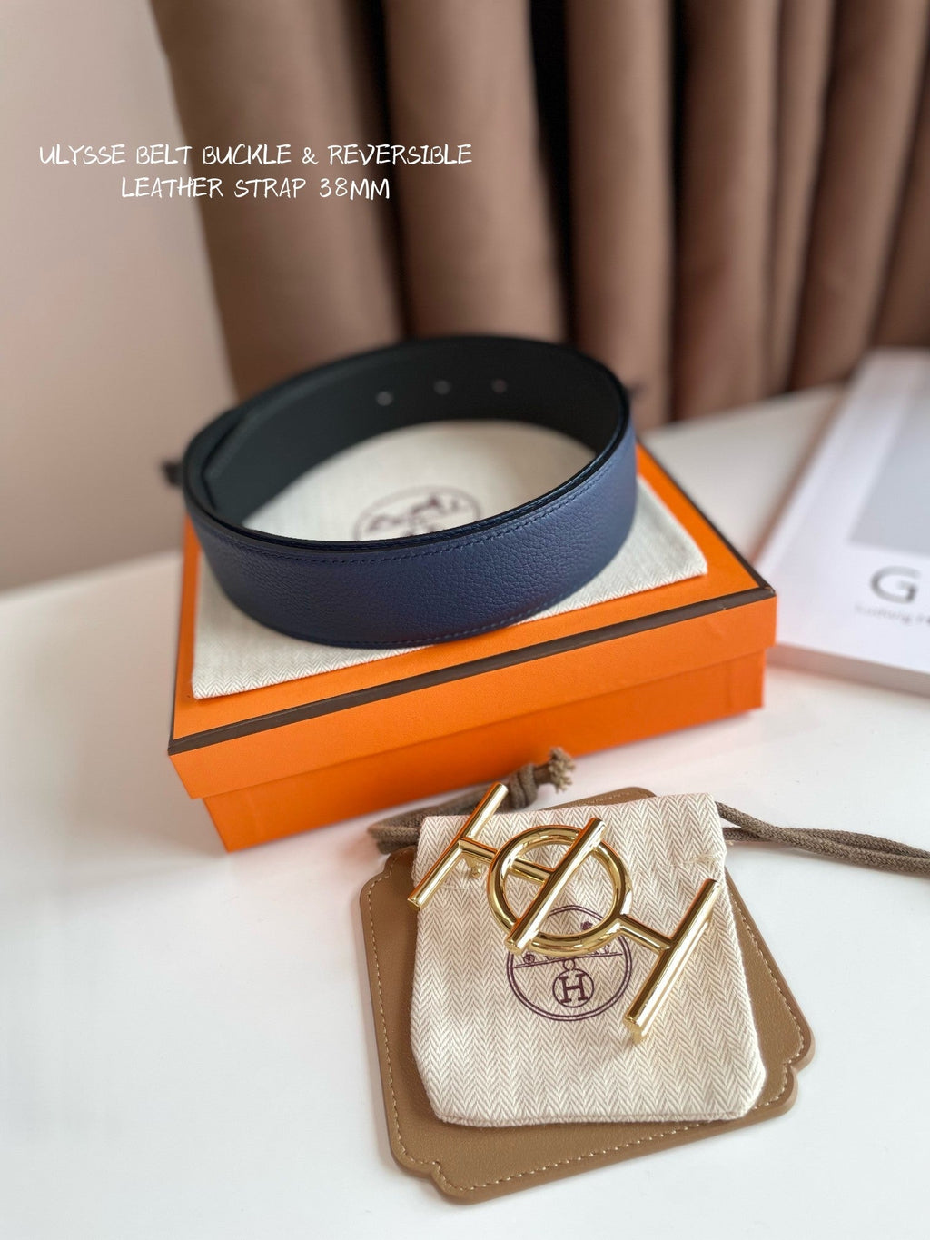 HERMES ULYSSE BELT BUCKLE & REVERSIBLE NAVY BLUE LEATHER STRAP 38MM GOLD HARDWARE