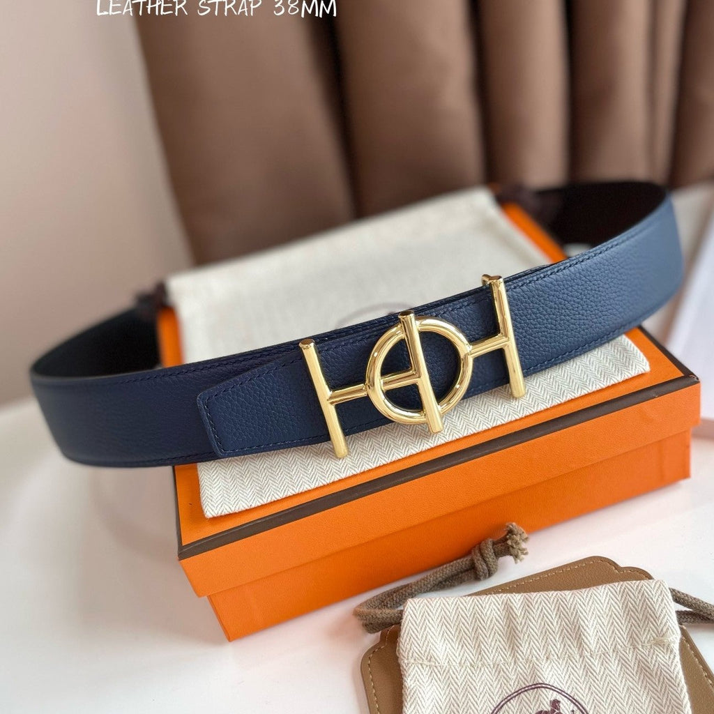 HERMES ULYSSE BELT BUCKLE & REVERSIBLE NAVY BLUE LEATHER STRAP 38MM GOLD HARDWARE