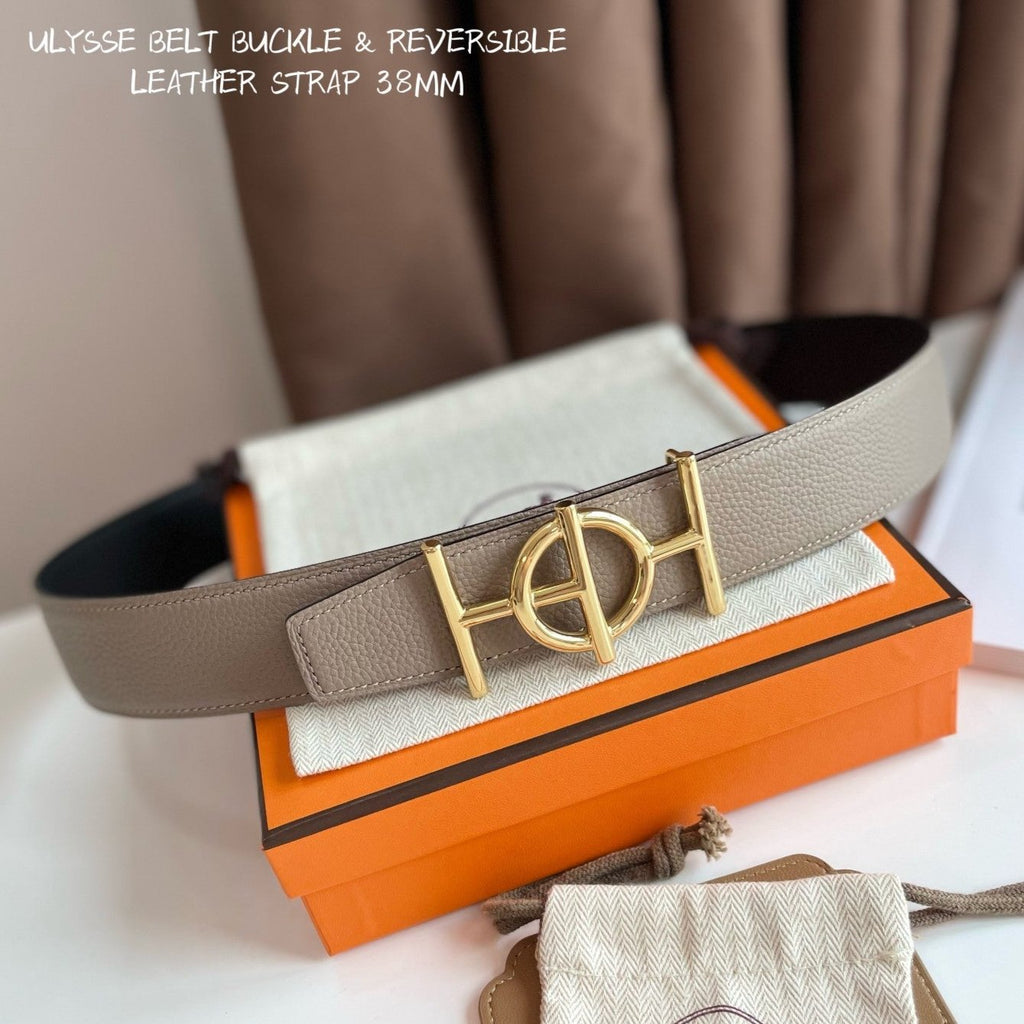 HERMES ULYSSE BELT BUCKLE & REVERSIBLE KHAKI BROWN LEATHER STRAP 38MM GOLD HARDWARE