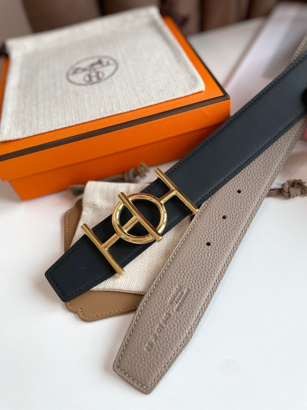 HERMES ULYSSE BELT BUCKLE & REVERSIBLE KHAKI BROWN LEATHER STRAP 38MM GOLD HARDWARE
