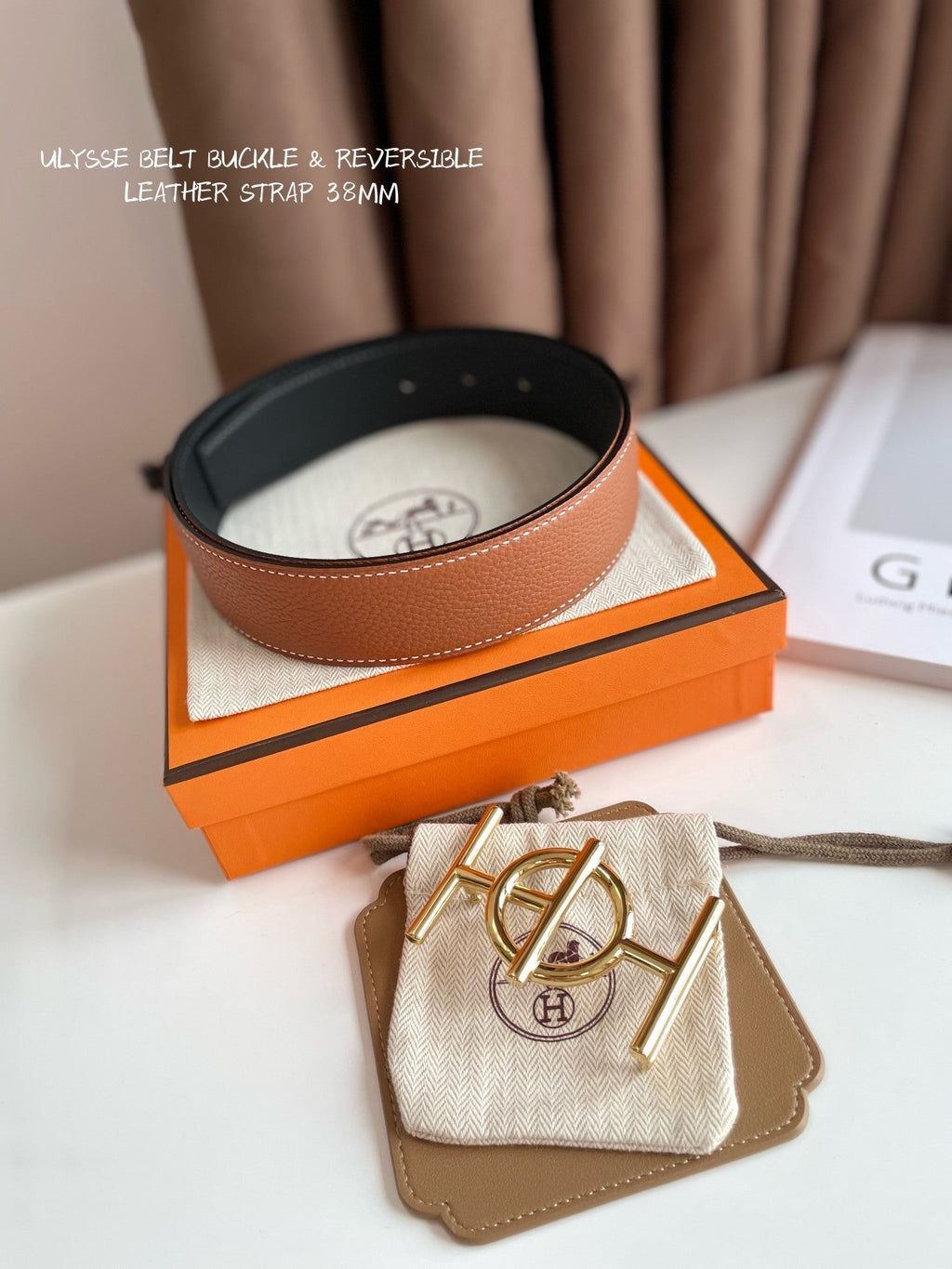 HERMES ULYSSE BELT BUCKLE & REVERSIBLE GINGER ORANGE LEATHER STRAP 38MM GOLD HARDWARE