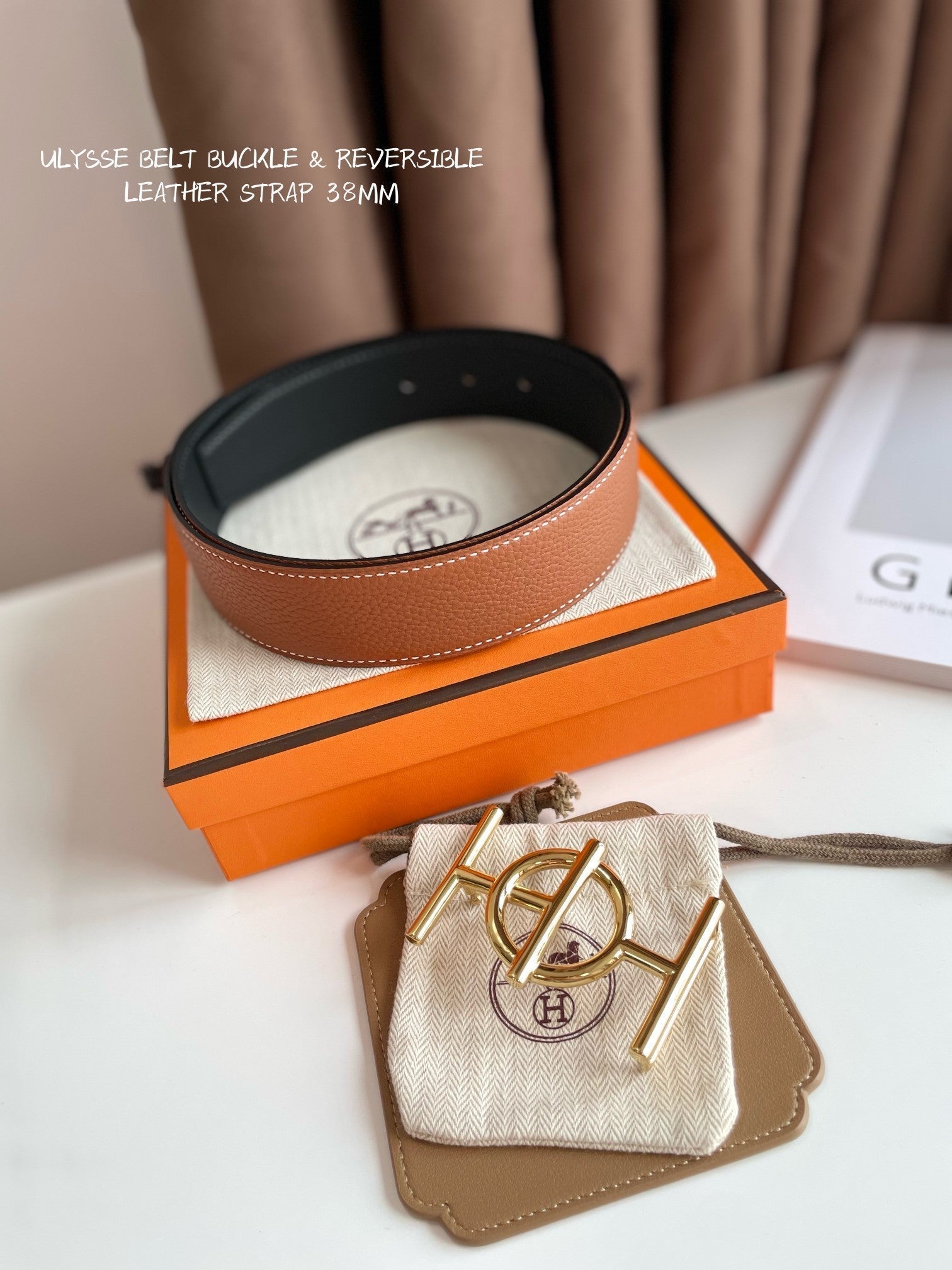 HERMES ULYSSE BELT BUCKLE & REVERSIBLE GINGER ORANGE LEATHER STRAP 38MM GOLD HARDWARE