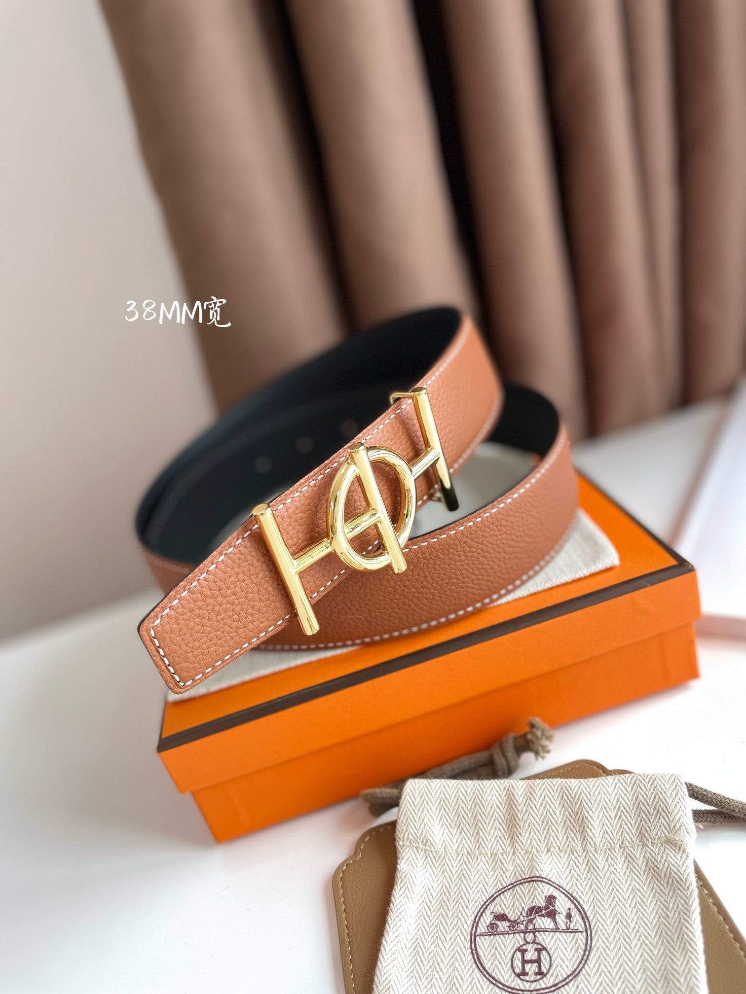 HERMES ULYSSE BELT BUCKLE & REVERSIBLE GINGER ORANGE LEATHER STRAP 38MM GOLD HARDWARE