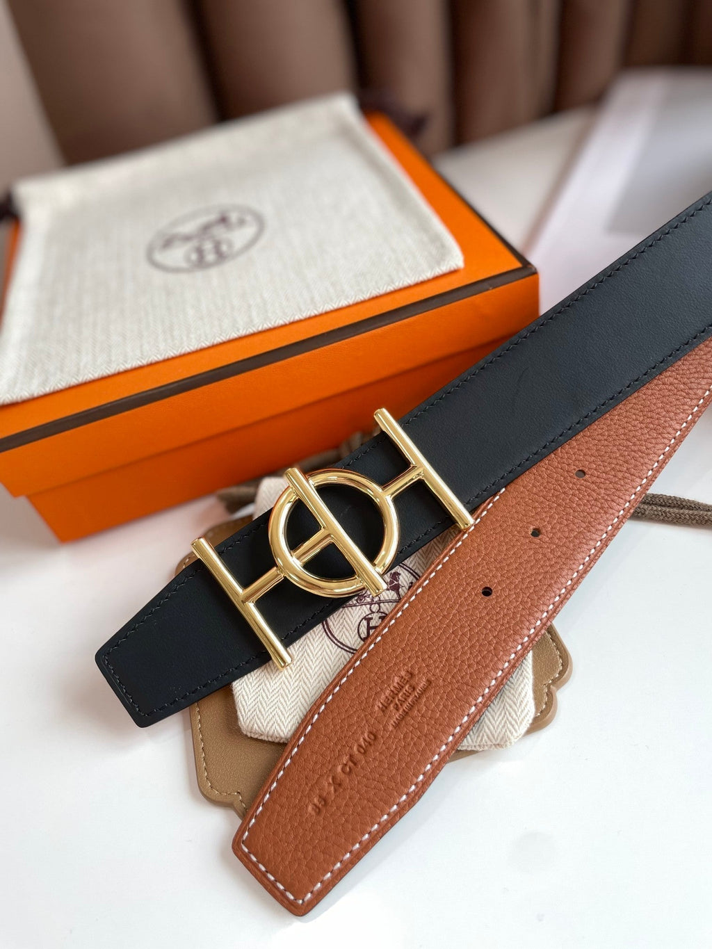 HERMES ULYSSE BELT BUCKLE & REVERSIBLE GINGER ORANGE LEATHER STRAP 38MM GOLD HARDWARE