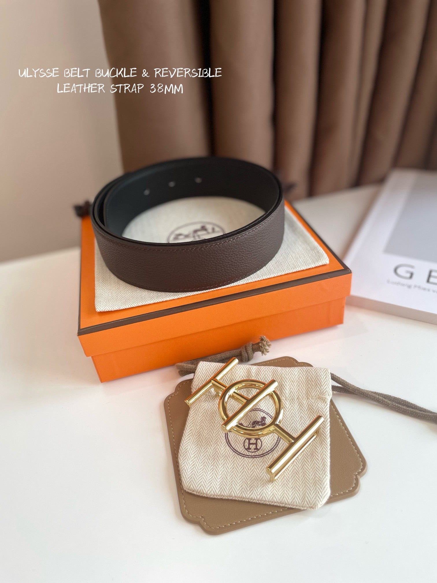 HERMES ULYSSE BELT BUCKLE & REVERSIBLE CHOCOLATE BROWN LEATHER STRAP 38MM GOLD HARDWARE