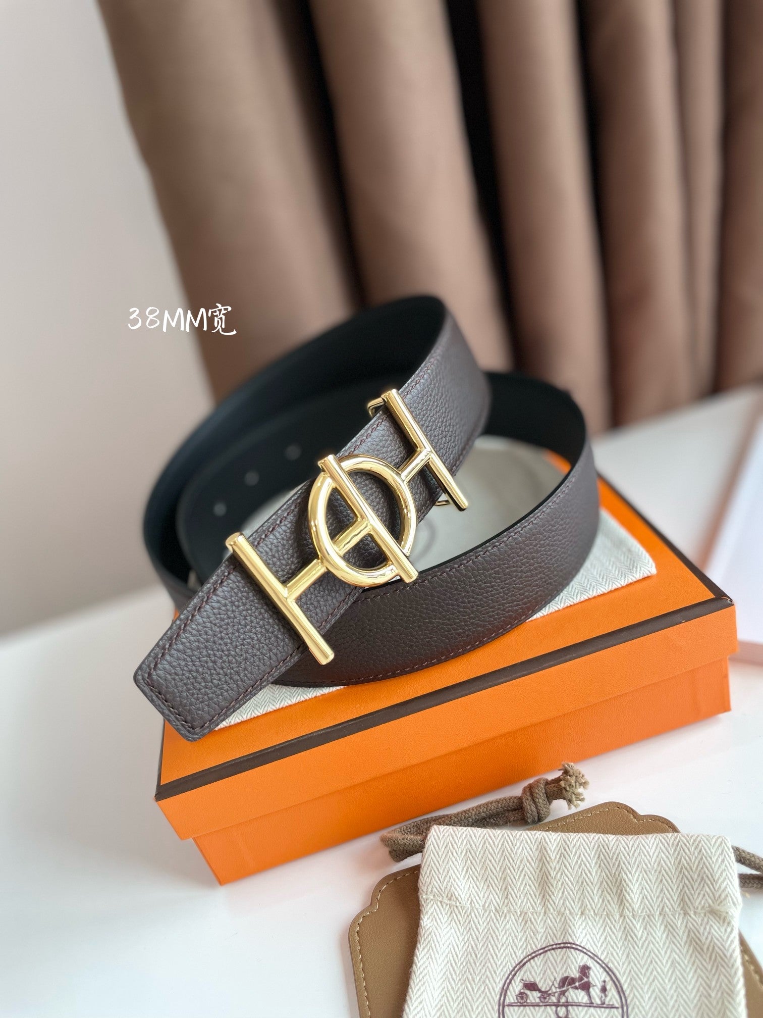 HERMES ULYSSE BELT BUCKLE & REVERSIBLE CHOCOLATE BROWN LEATHER STRAP 38MM GOLD HARDWARE