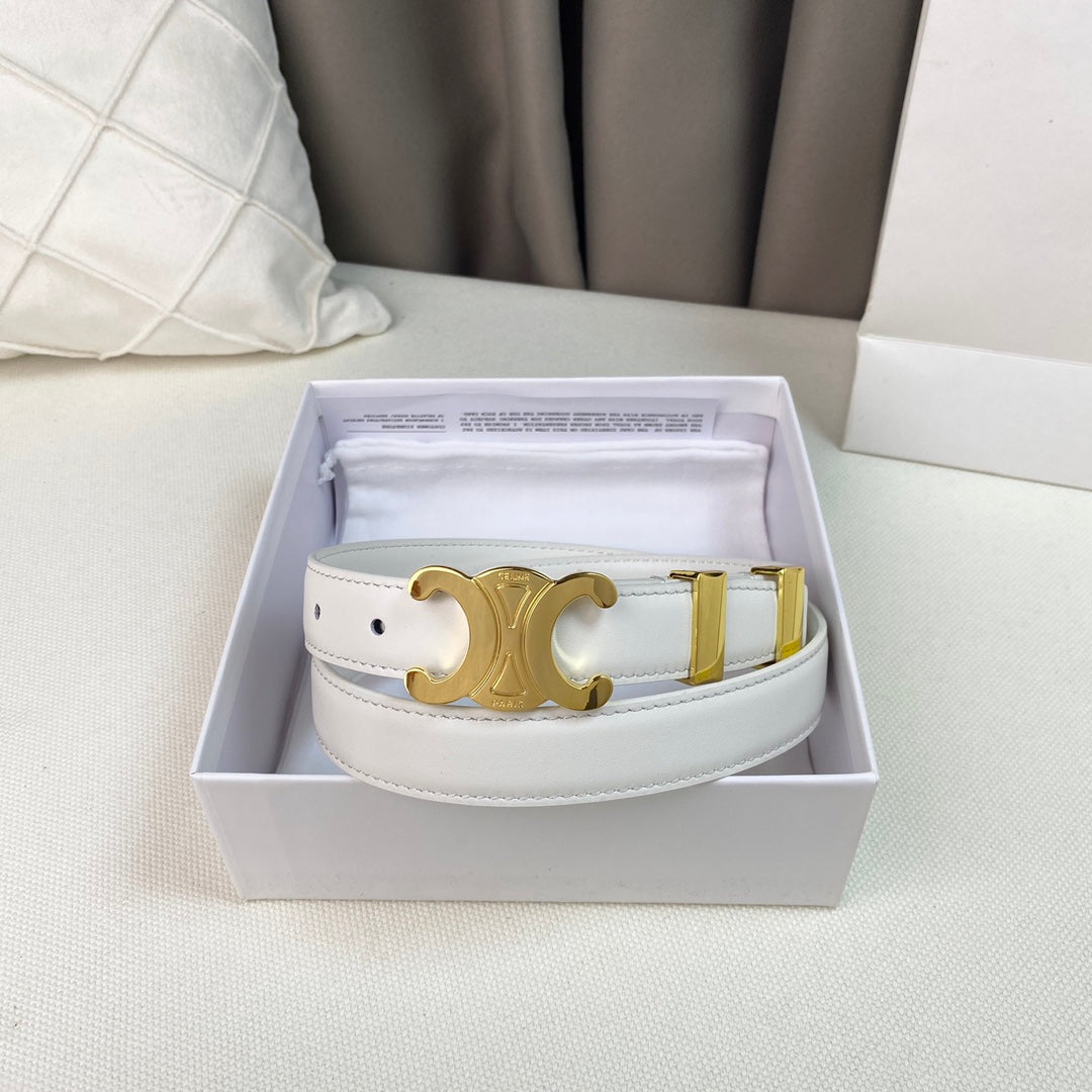CELINE Medium Triomphe Belt 25mm White Calfskin Gold Loop Ghw