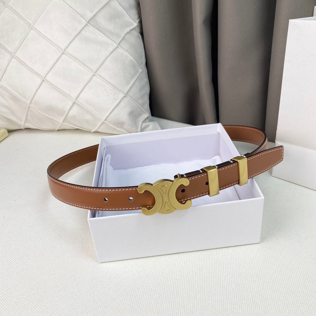 CELINE Medium Triomphe Belt 25mm Tan Calfskin Gold Loop Ghw