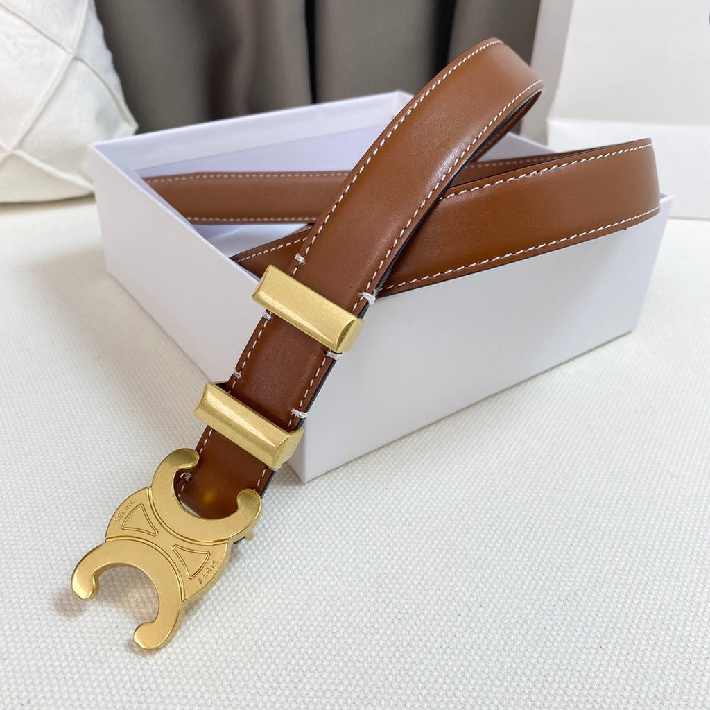 CELINE Medium Triomphe Belt 25mm Tan Calfskin Gold Loop Ghw