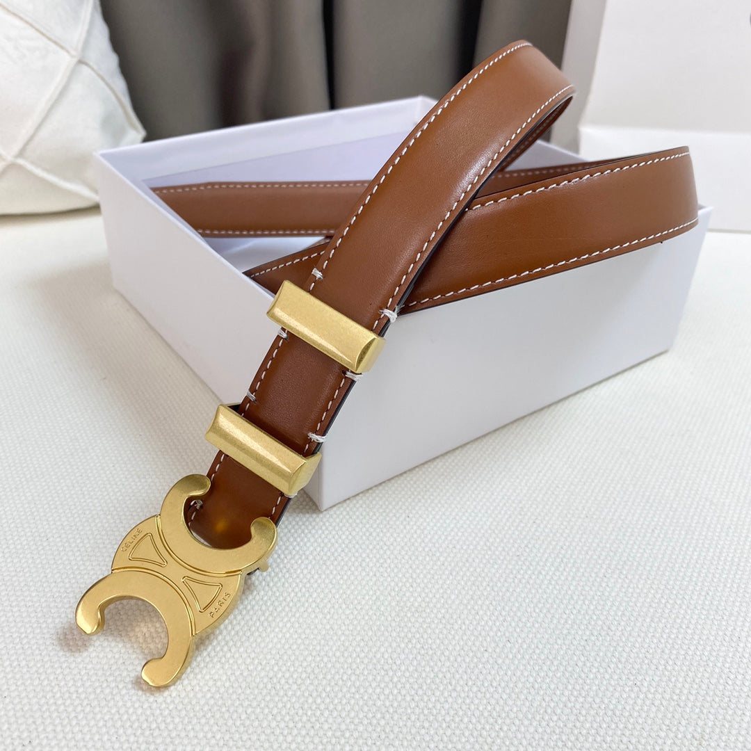 CELINE Medium Triomphe Belt 25mm Tan Calfskin Gold Loop Ghw
