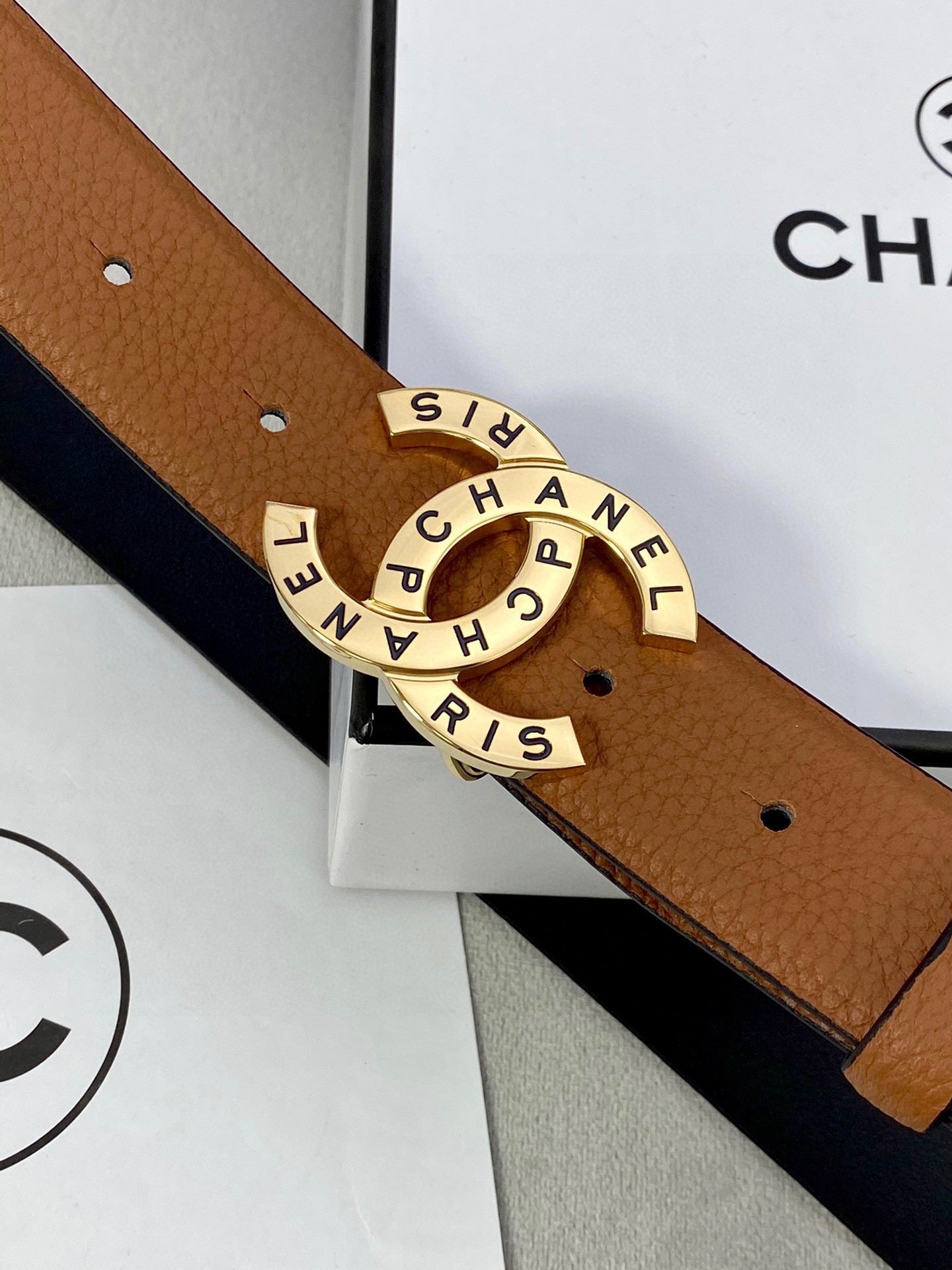 CHANEL 30MM BELT IN BRONZE BROWN SMOOTH CALFSKIN WITH GOLD HARDWARE