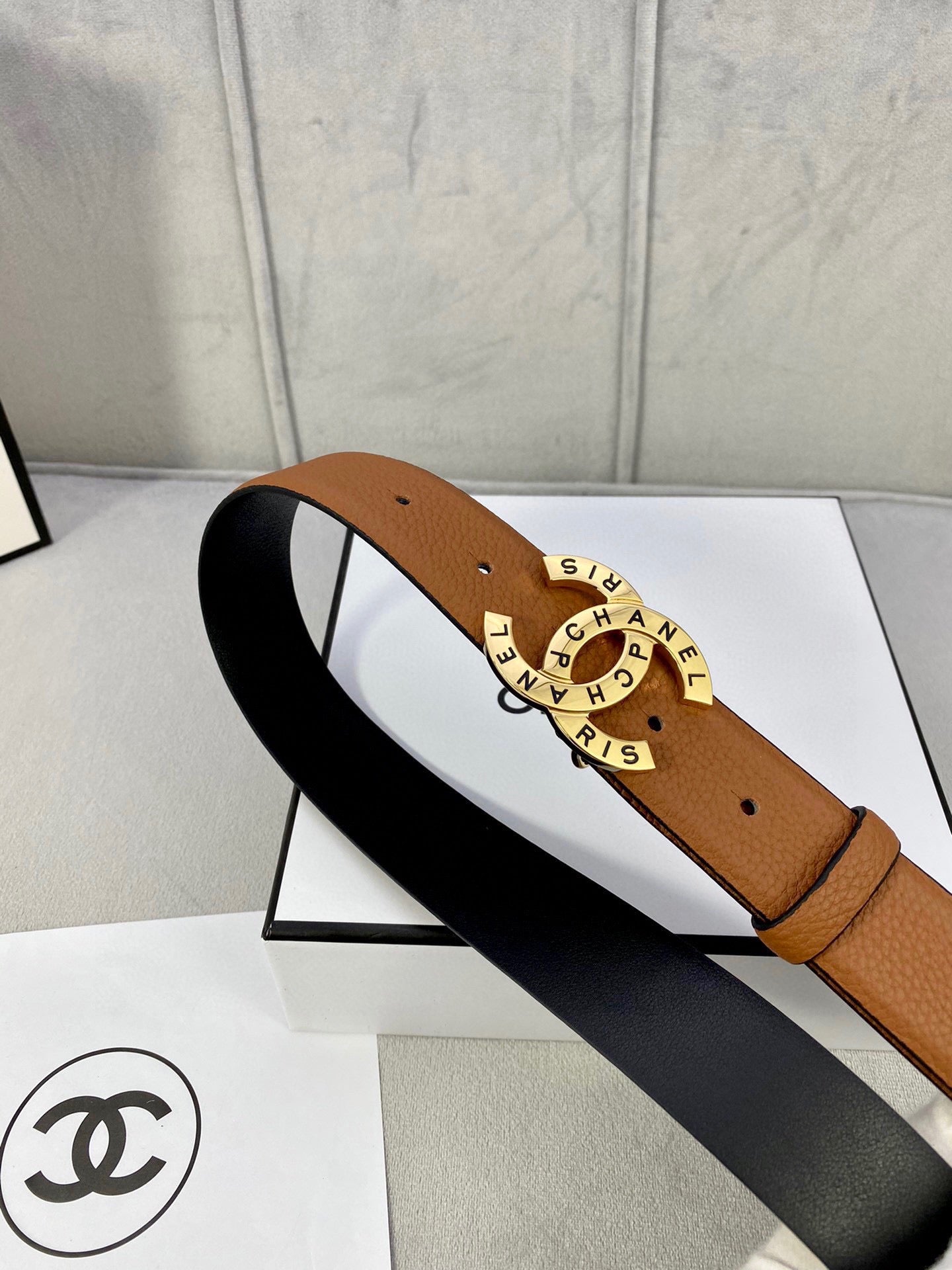 CHANEL 30MM BELT IN BRONZE BROWN SMOOTH CALFSKIN WITH GOLD HARDWARE