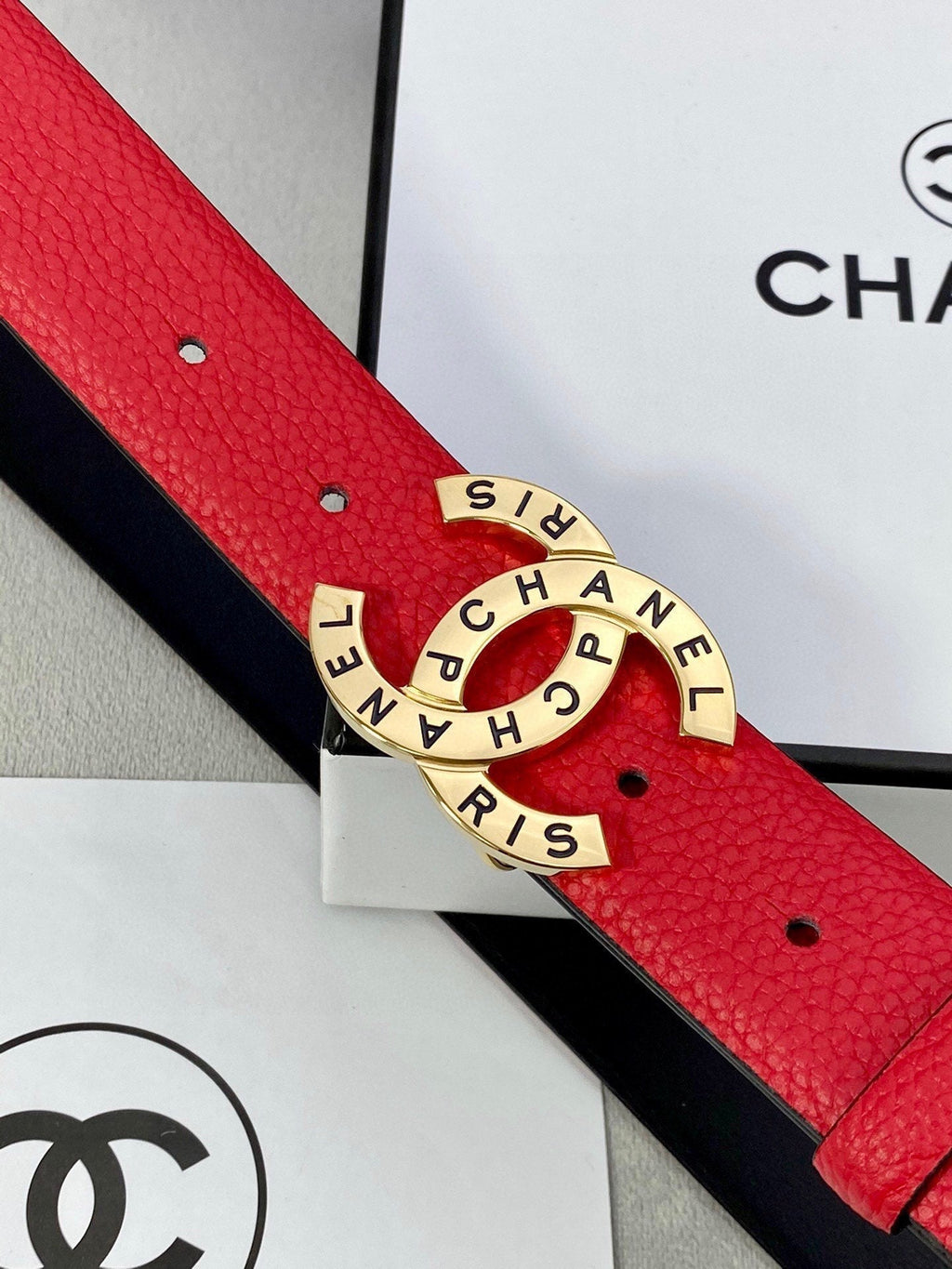 CHANEL 30MM BELT IN CHERRY RED SMOOTH CALFSKIN WITH GOLD HARDWARE