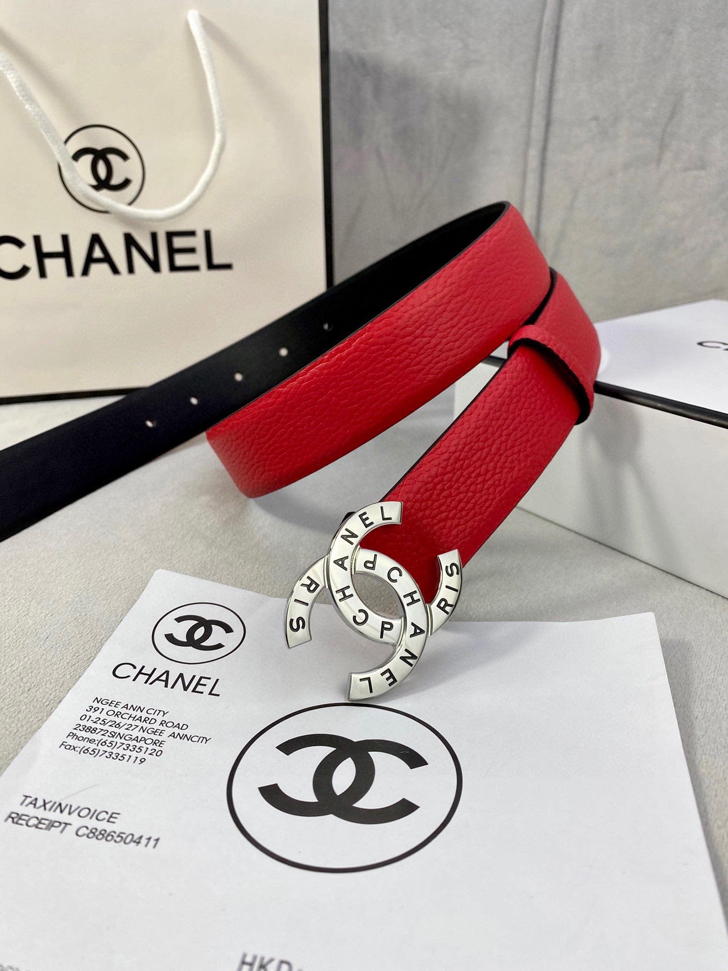 CHANEL 30MM BELT IN CHERRY RED SMOOTH CALFSKIN WITH SILVER HARDWARE