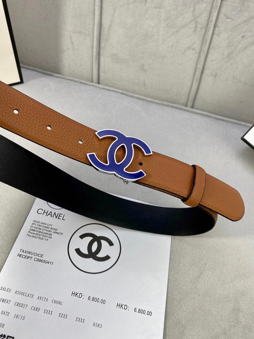 CHANEL 30MM BELT IN BRONZE BROWN GRAINED CALFSKIN WITH NAVY BLUE METAL LOGO