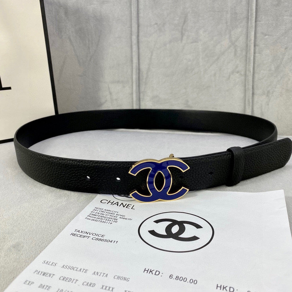 CHANEL 30MM BELT IN BLACK GRAINED CALFSKIN WITH NAVY BLUE METAL LOGO