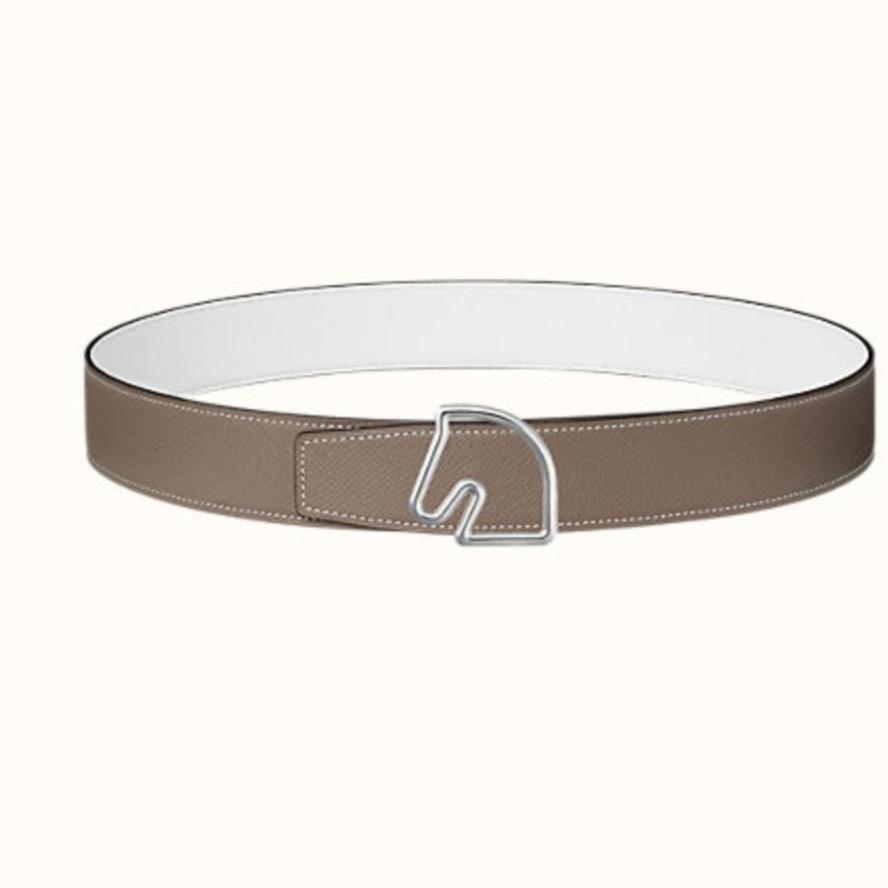 HERMES BOUCLE BELT BUCKLE & REVERSIBLE KHAKI BROWN AND WHITE LEATHER STRAP 38MM SILVER HARDWARE