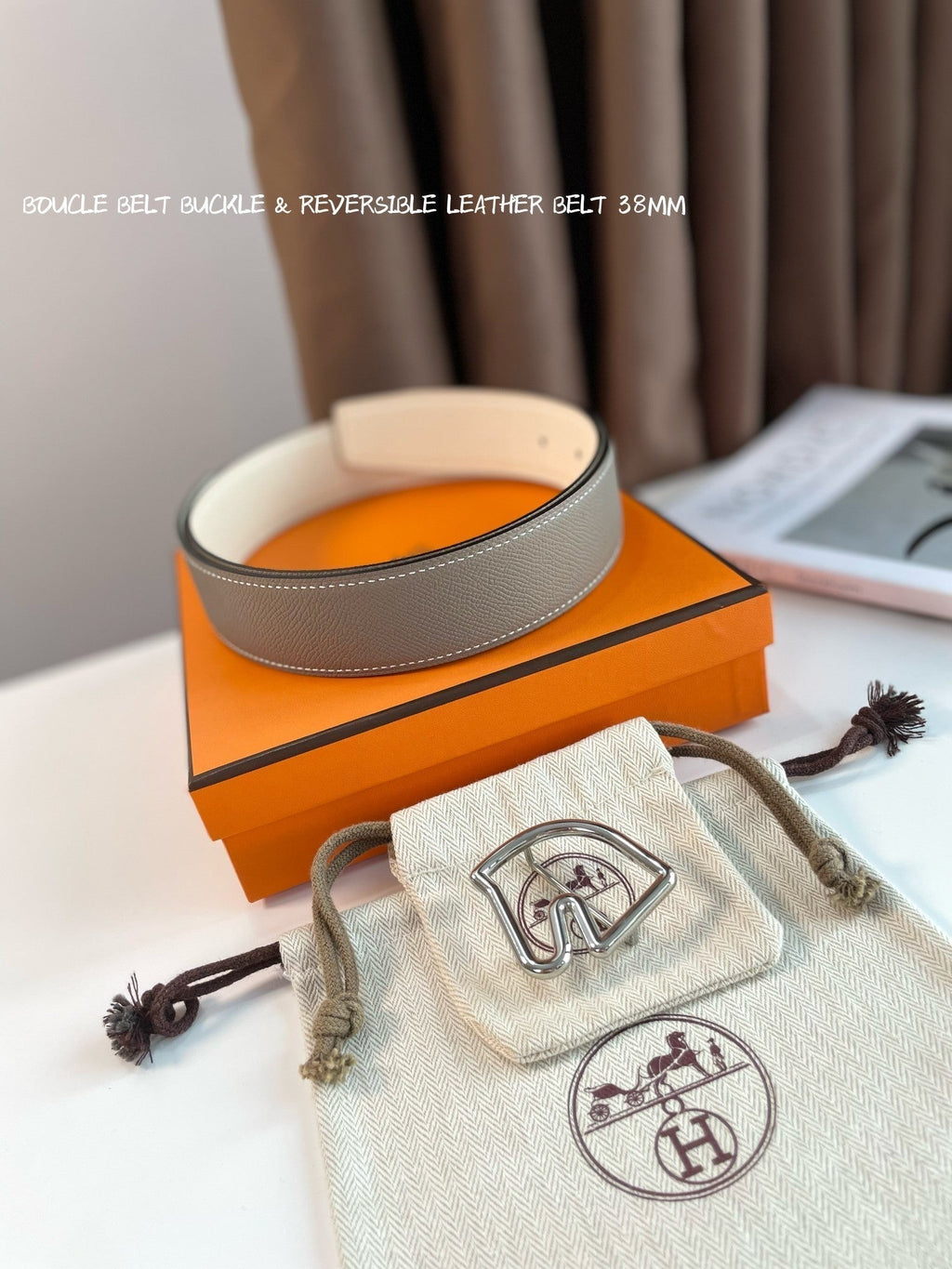 HERMES BOUCLE BELT BUCKLE & REVERSIBLE KHAKI BROWN AND WHITE LEATHER STRAP 38MM SILVER HARDWARE