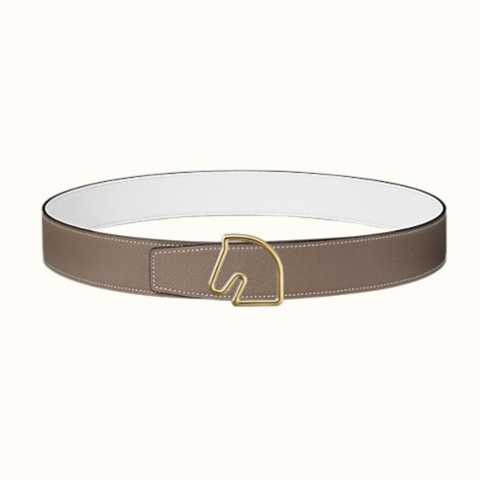 HERMES BOUCLE BELT BUCKLE & REVERSIBLE KHAKI BROWN AND WHITE LEATHER STRAP 38MM GOLD HARDWARE