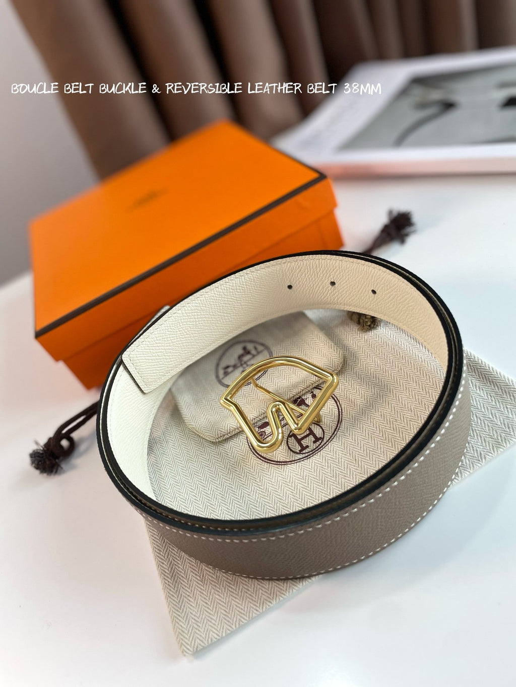 HERMES BOUCLE BELT BUCKLE & REVERSIBLE KHAKI BROWN AND WHITE LEATHER STRAP 38MM GOLD HARDWARE