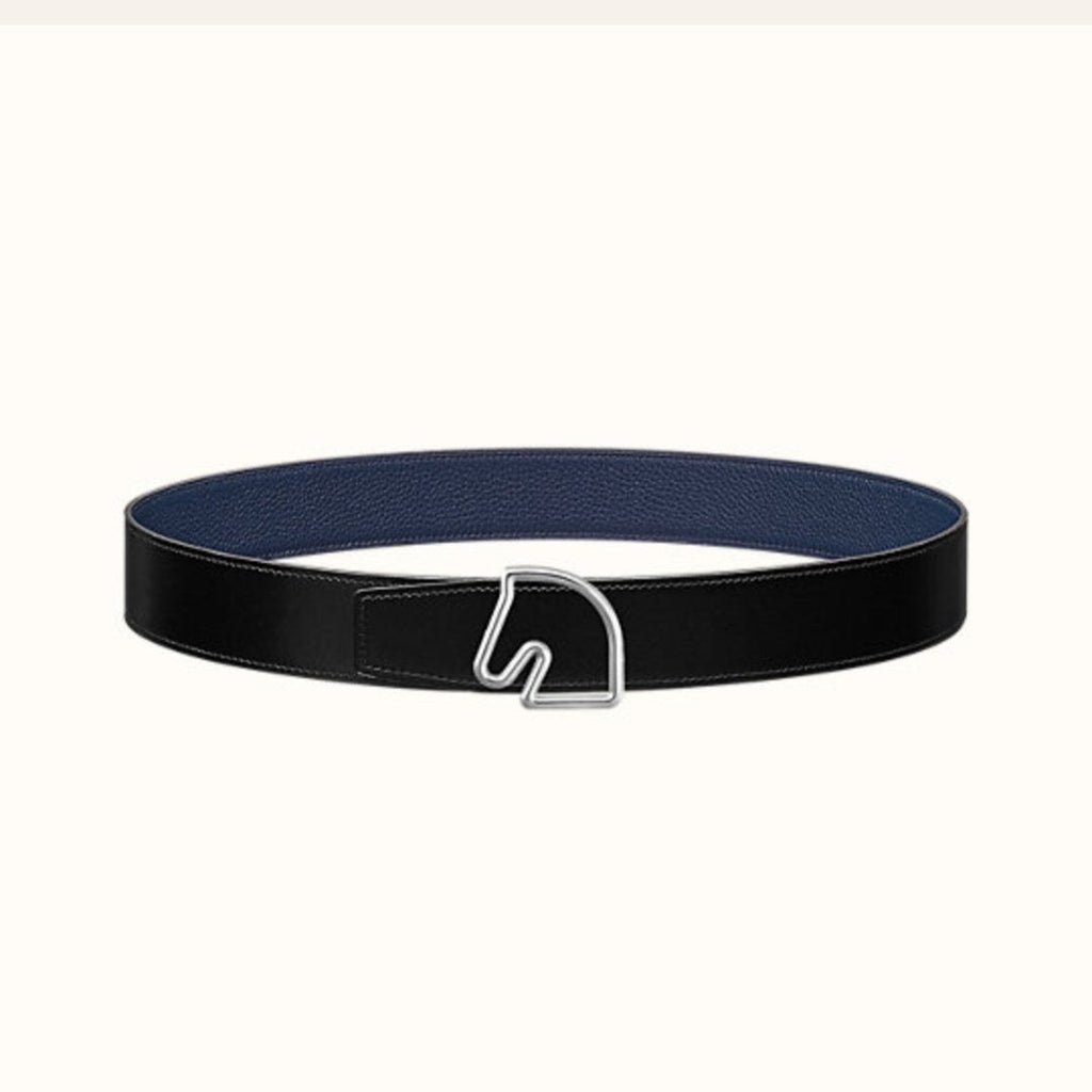 HERMES BOUCLE BELT BUCKLE & REVERSIBLE NAVY BLUE AND BLACK AND WHITE LEATHER STRAP 38MM SILVER HARDWARE