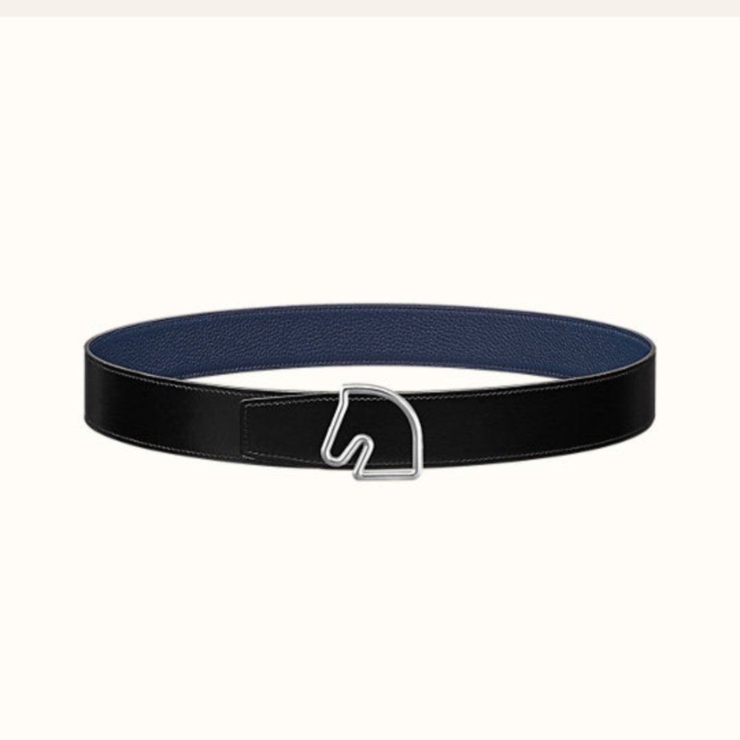 HERMES BOUCLE BELT BUCKLE & REVERSIBLE NAVY BLUE AND BLACK AND WHITE LEATHER STRAP 38MM SILVER HARDWARE