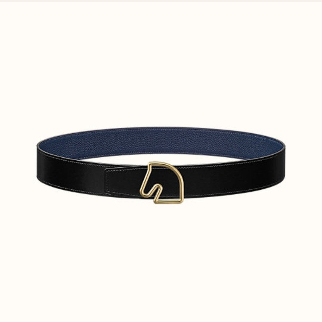 HERMES BOUCLE BELT BUCKLE & REVERSIBLE NAVY BLUE AND BLACK AND WHITE LEATHER STRAP 38MM GOLD HARDWARE